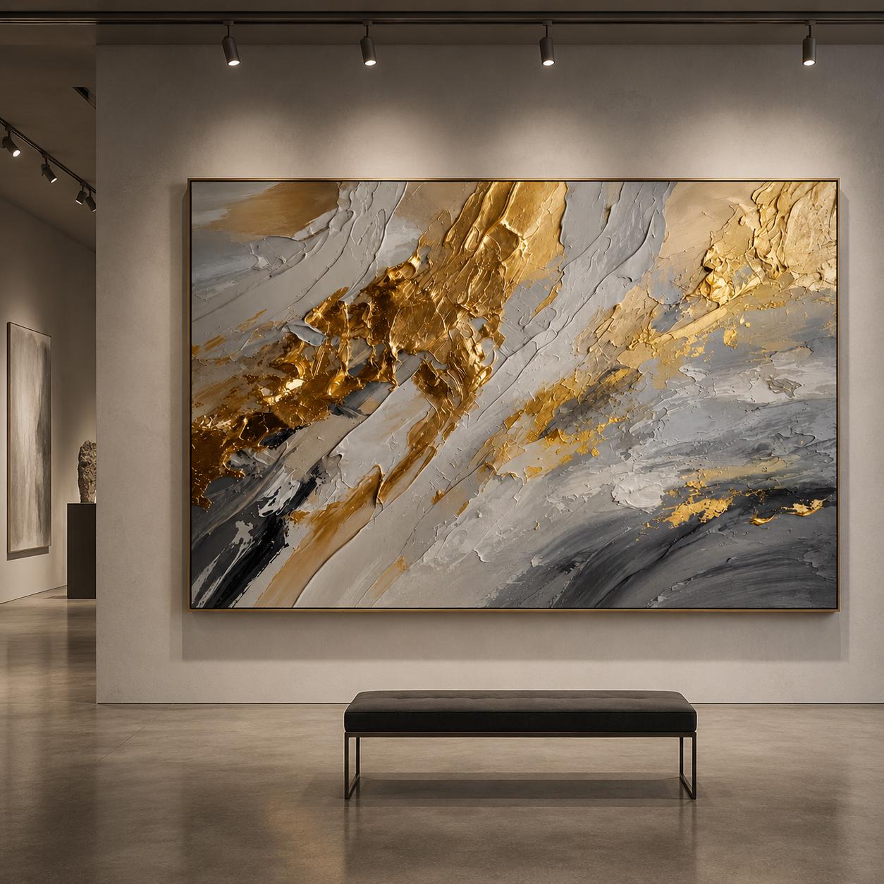 Textured Gold Abstract Painting, Neutral Gray White Wall Art, Modern Metallic Canvas
