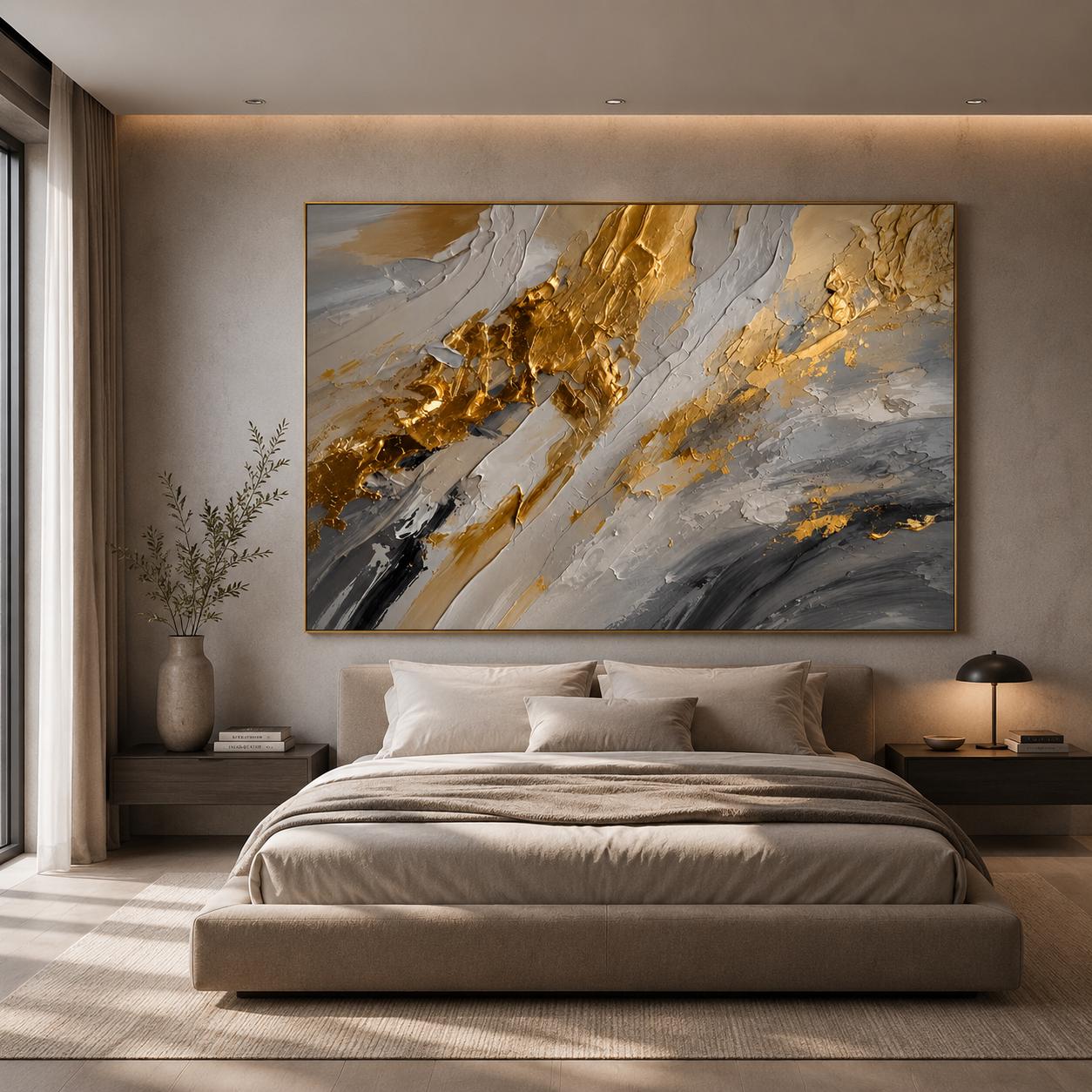 Textured Gold Abstract Painting, Neutral Gray White Wall Art, Modern Metallic Canvas