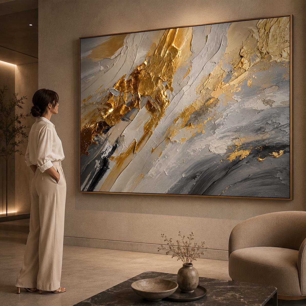 Textured Gold Abstract Painting, Neutral Gray White Wall Art, Modern Metallic Canvas
