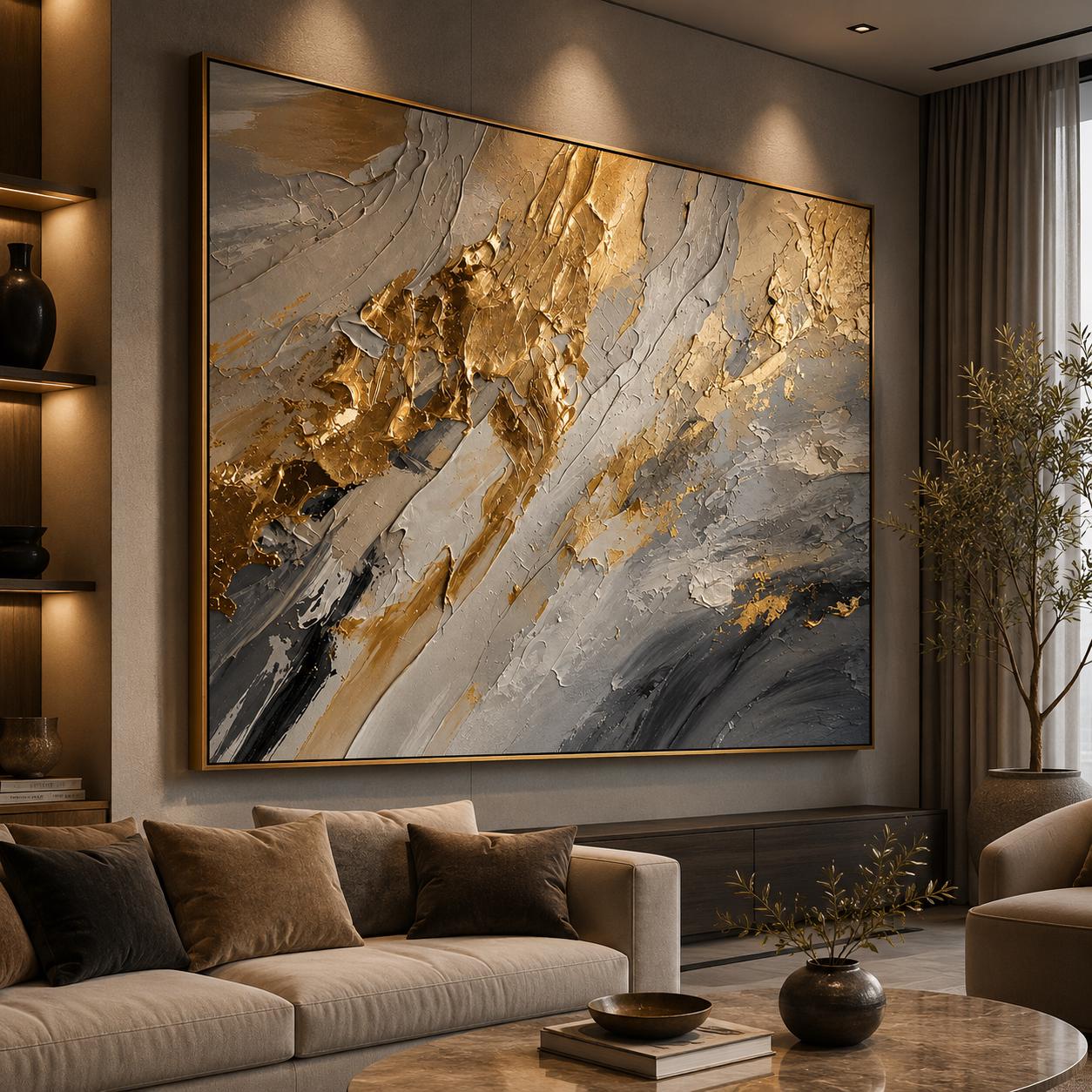 Textured Gold Abstract Painting, Neutral Gray White Wall Art, Modern Metallic Canvas