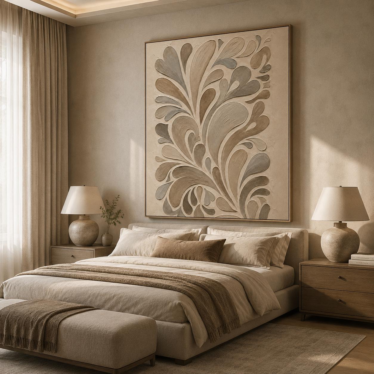 Textured Botanical Abstract Wall Art, Neutral Beige Taupe Relief Painting