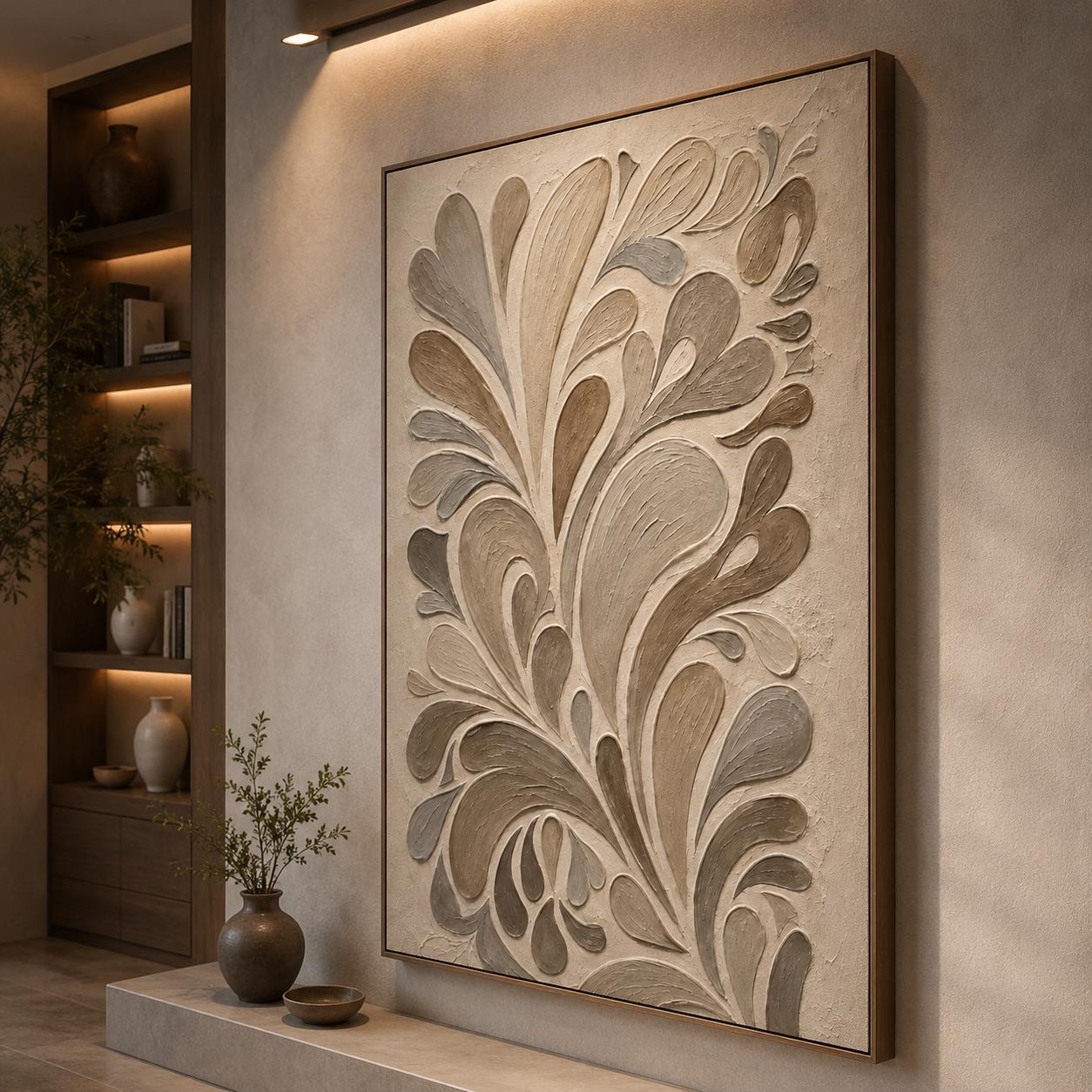 Textured Botanical Abstract Wall Art, Neutral Beige Taupe Relief Painting