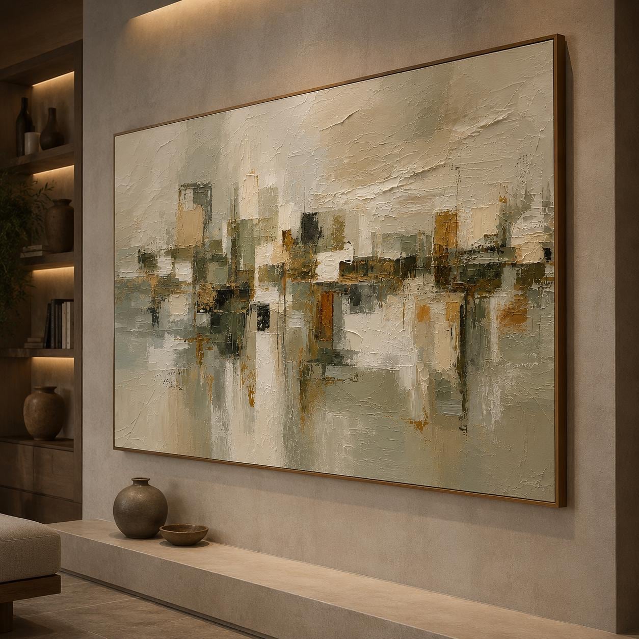 Textured Botanical Abstract Wall Art, Neutral Beige Taupe Relief Painting