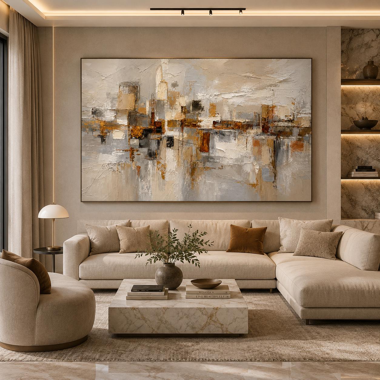 Textured Botanical Abstract Wall Art, Neutral Beige Taupe Relief Painting