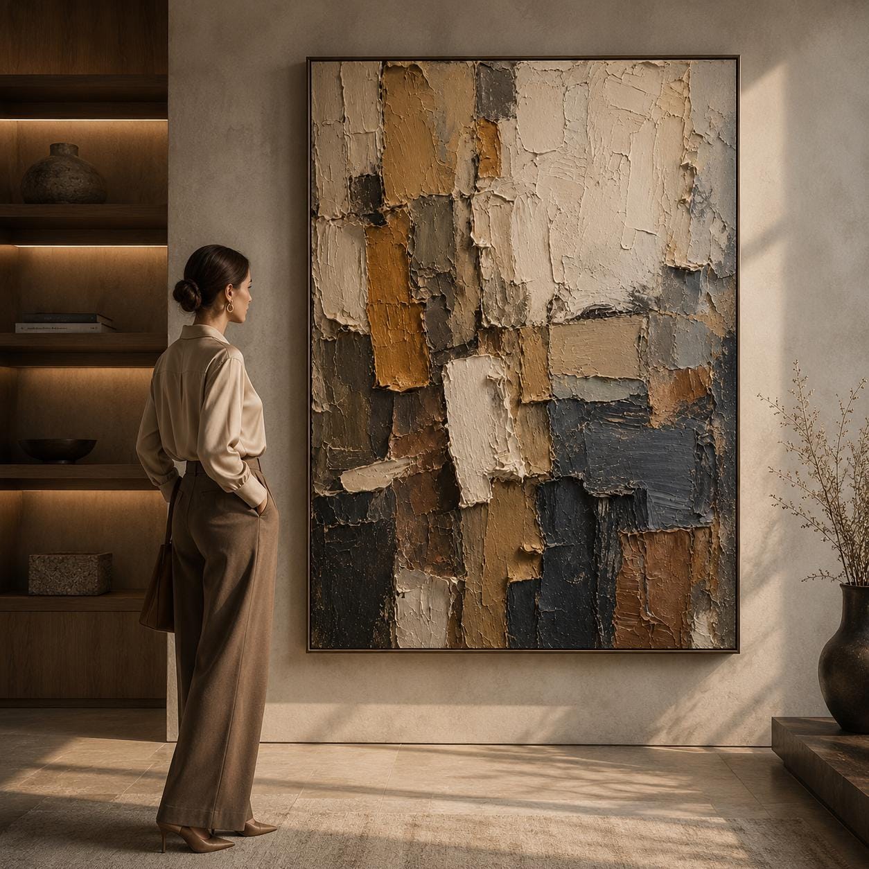 Textured Abstract Painting, Earth Tone Geometric Canvas Art, Modern Beige Brown Home Decor