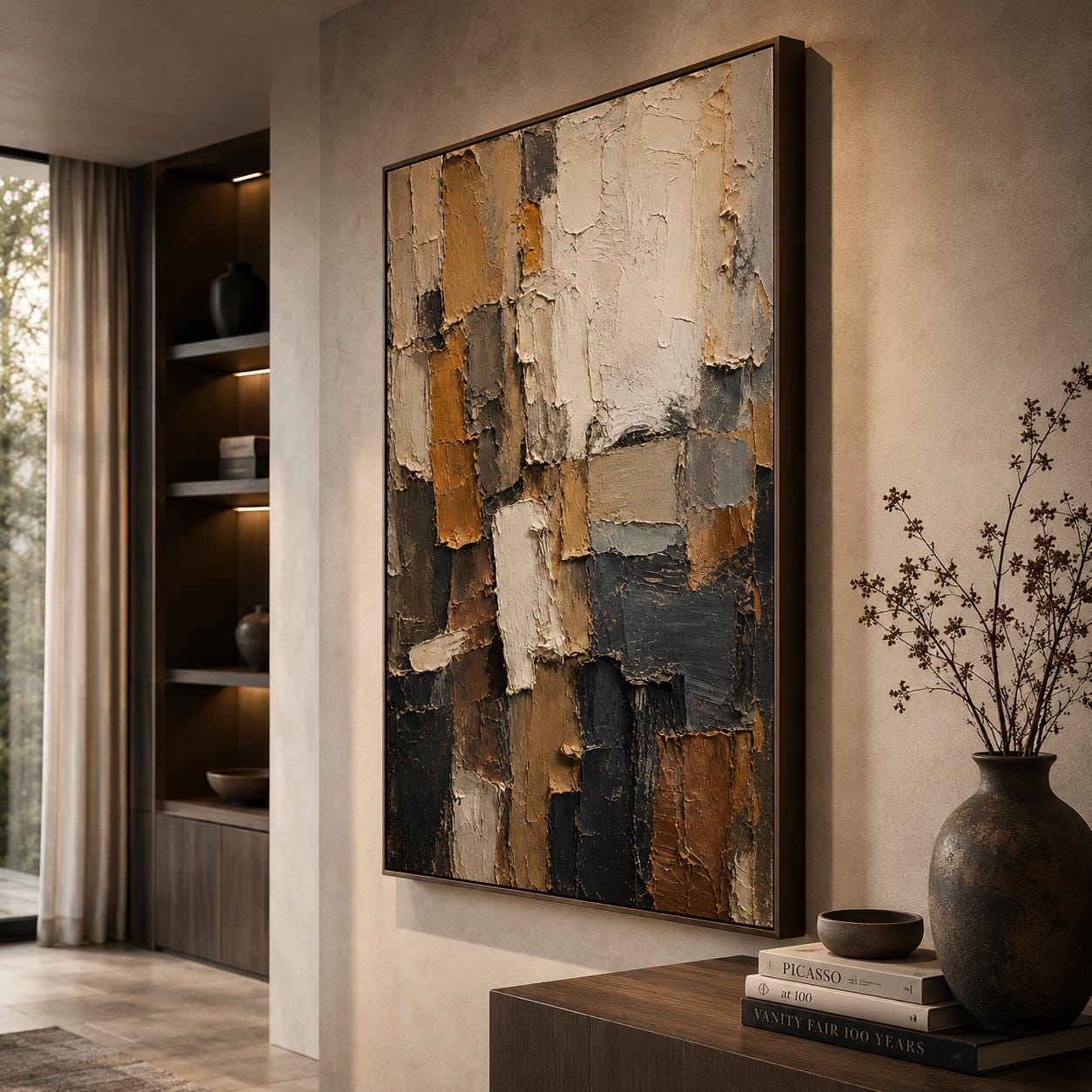 Textured Abstract Painting, Earth Tone Geometric Canvas Art, Modern Beige Brown Home Decor