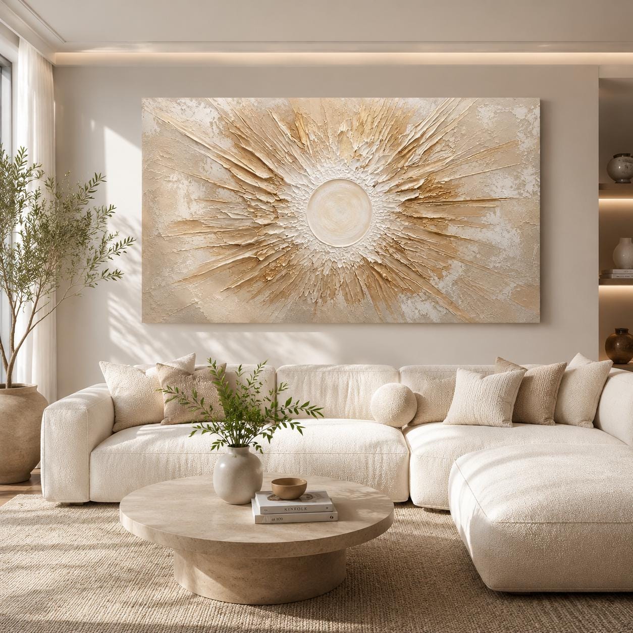 Textured Sunburst Canvas Art, Neutral Abstract Painting, Organic Modern Wall Decor