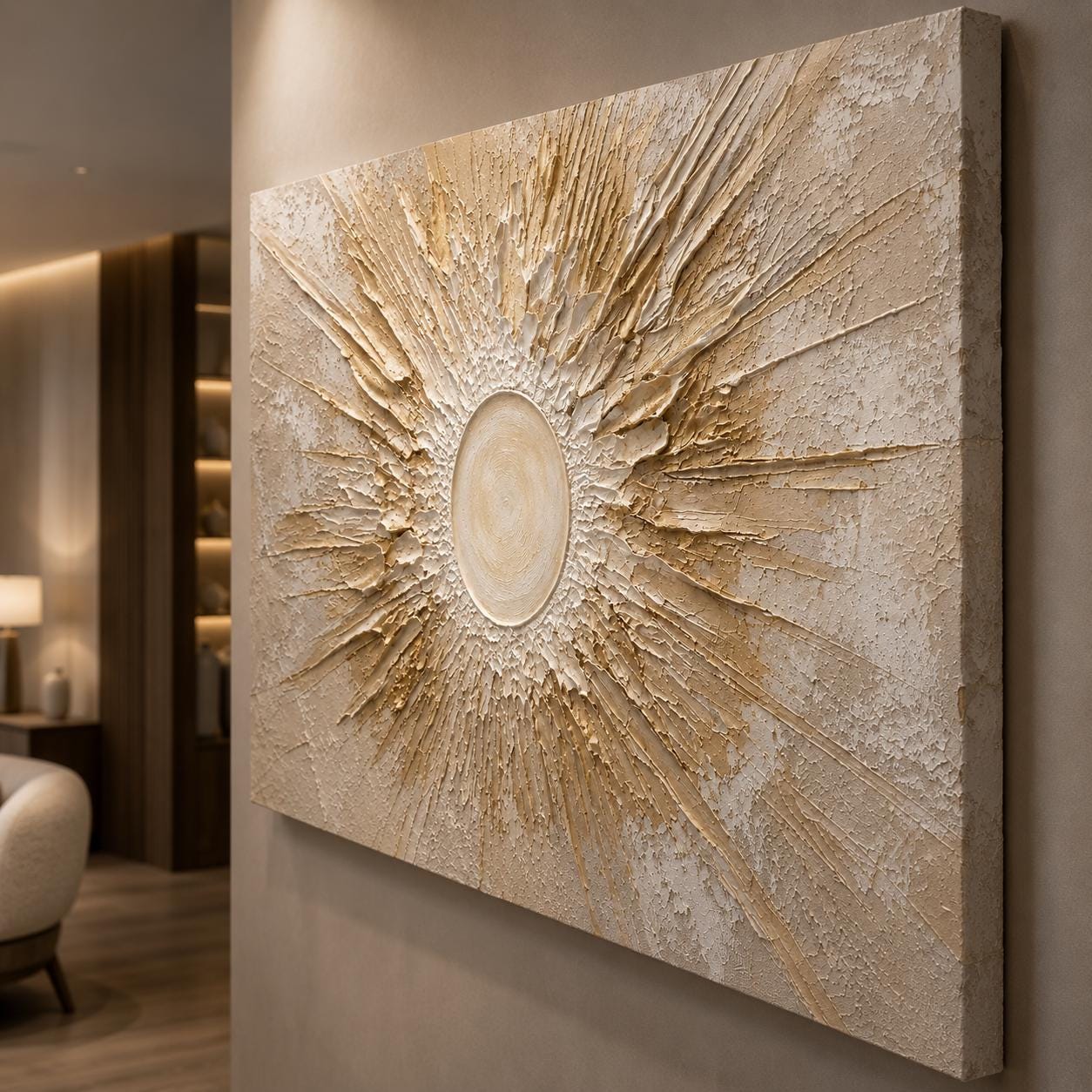 Textured Sunburst Canvas Art, Neutral Abstract Painting, Organic Modern Wall Decor
