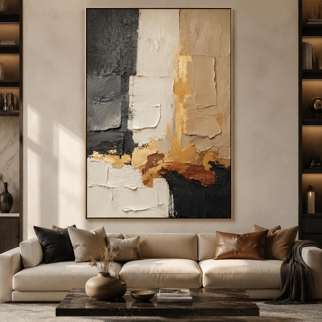 Textured Gold Black Abstract Canvas Art, Earth Tone Luxury Wall Deco