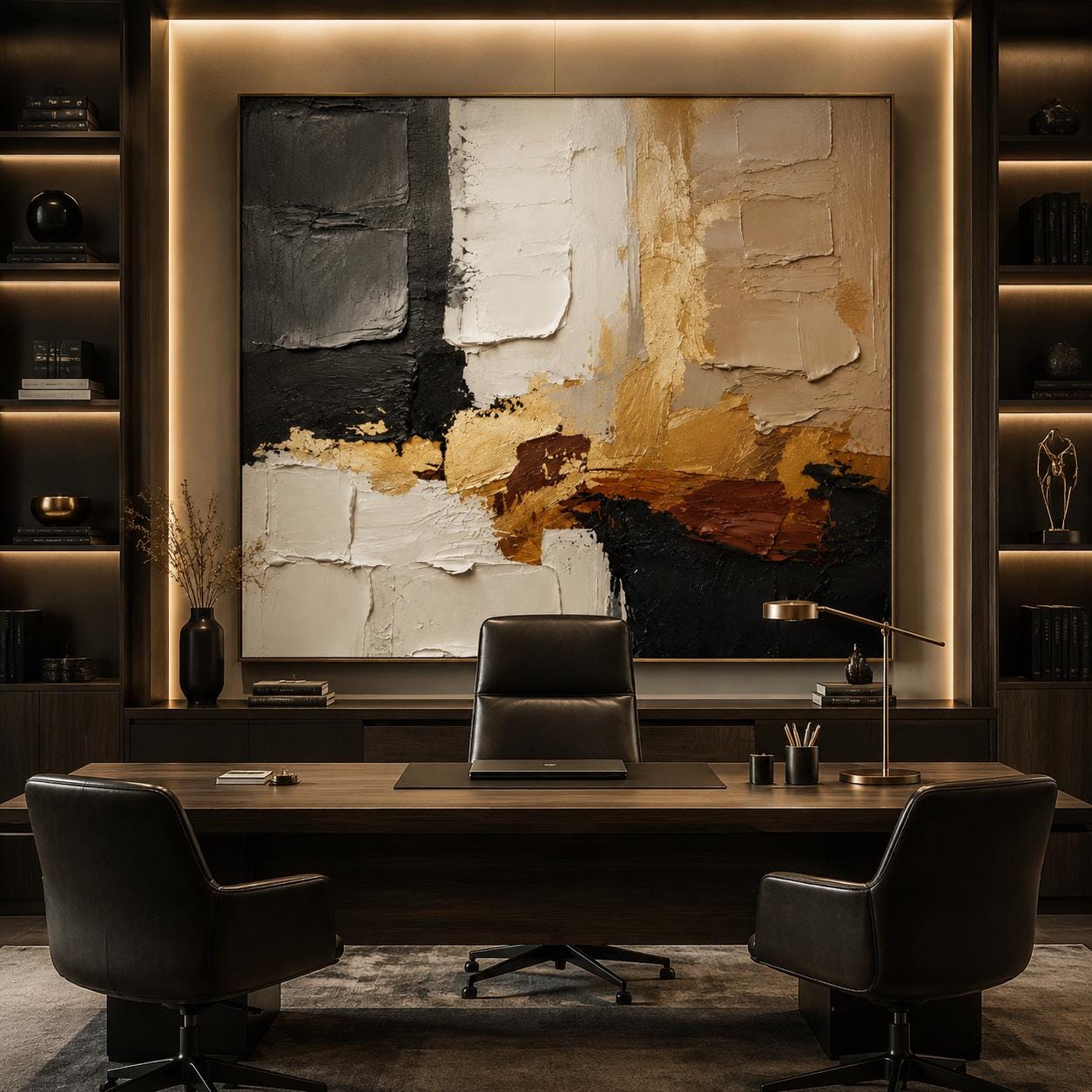 Textured Gold Black Abstract Canvas Art, Earth Tone Luxury Wall Deco