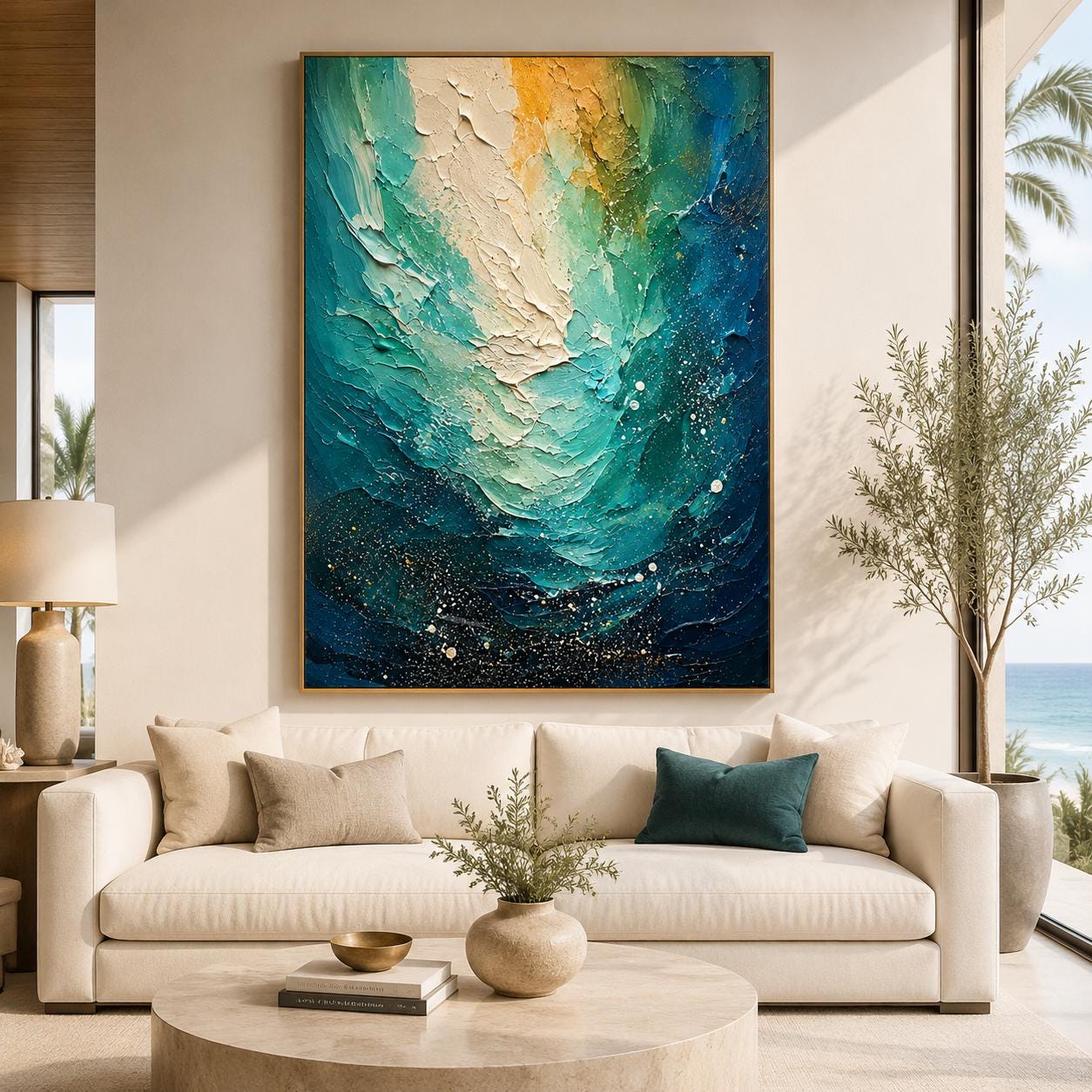 Textured Teal Gold Abstract Ocean Canvas Art, Modern Luxury Painting