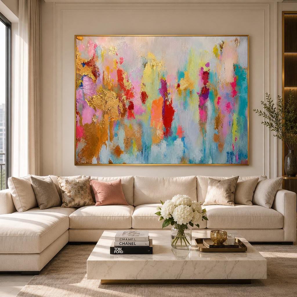 Gold Leaf Textured Abstract Painting, Original Canvas Art, Blue Pink Wall Decor, Large Modern Oil Painting