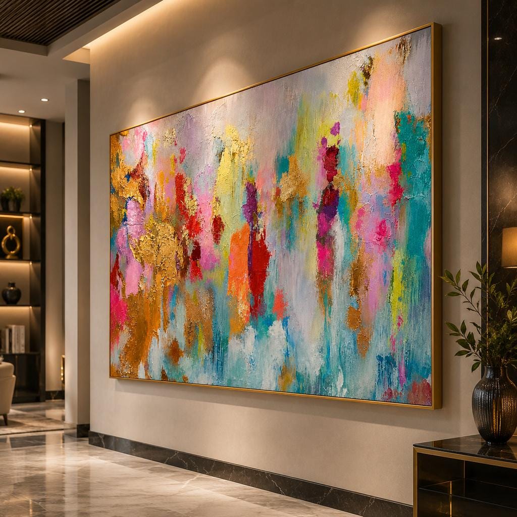 Gold Leaf Textured Abstract Painting, Original Canvas Art, Blue Pink Wall Decor, Large Modern Oil Painting