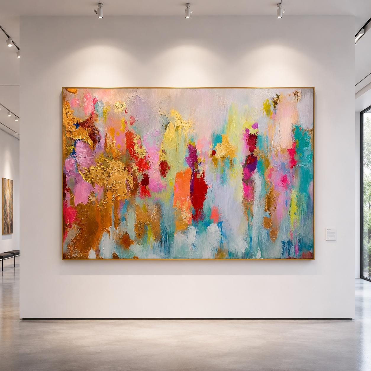 Gold Leaf Textured Abstract Painting, Original Canvas Art, Blue Pink Wall Decor, Large Modern Oil Painting