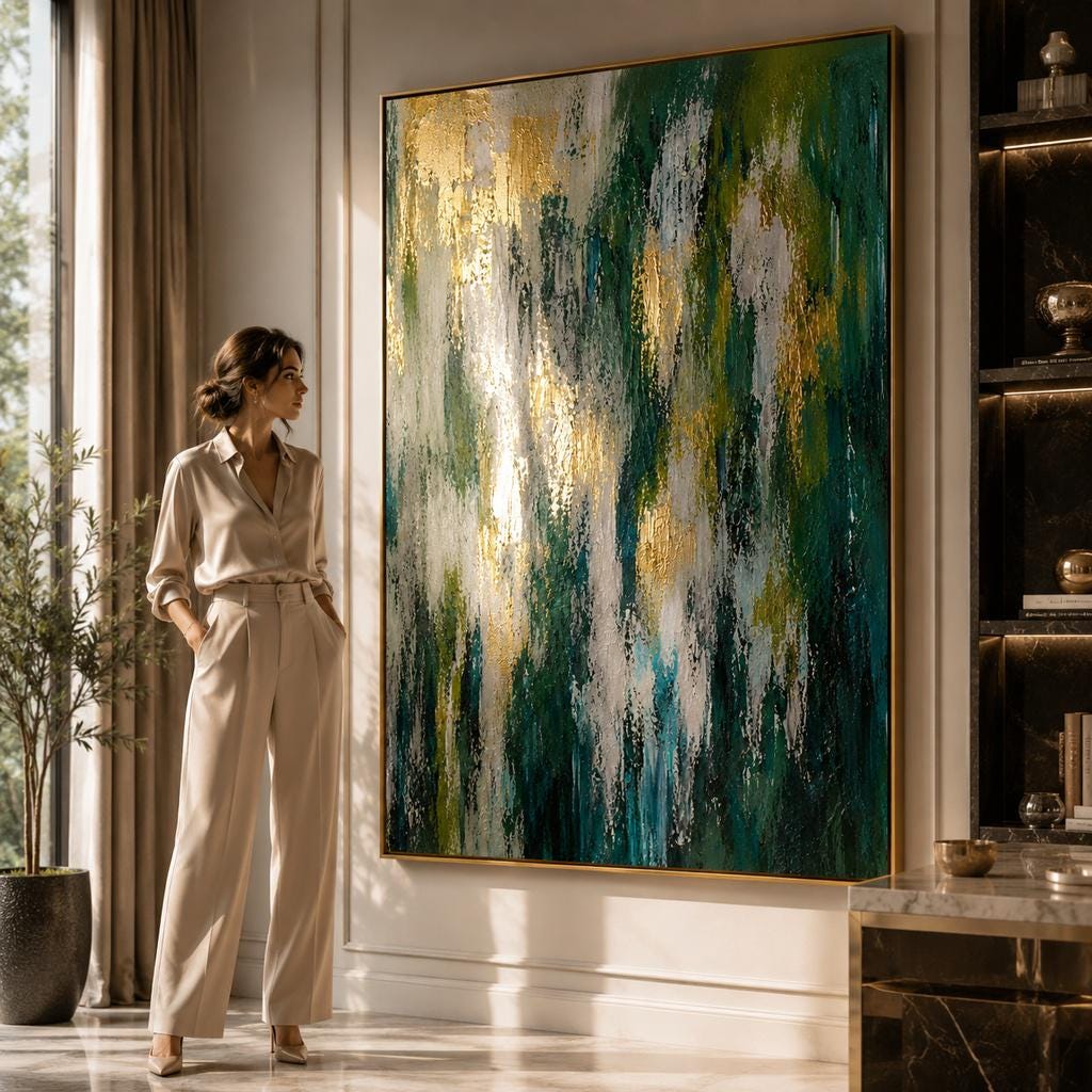 Emerald Green Textured Abstract Canvas Art, Gold Leaf Hand Painted Wall Decor