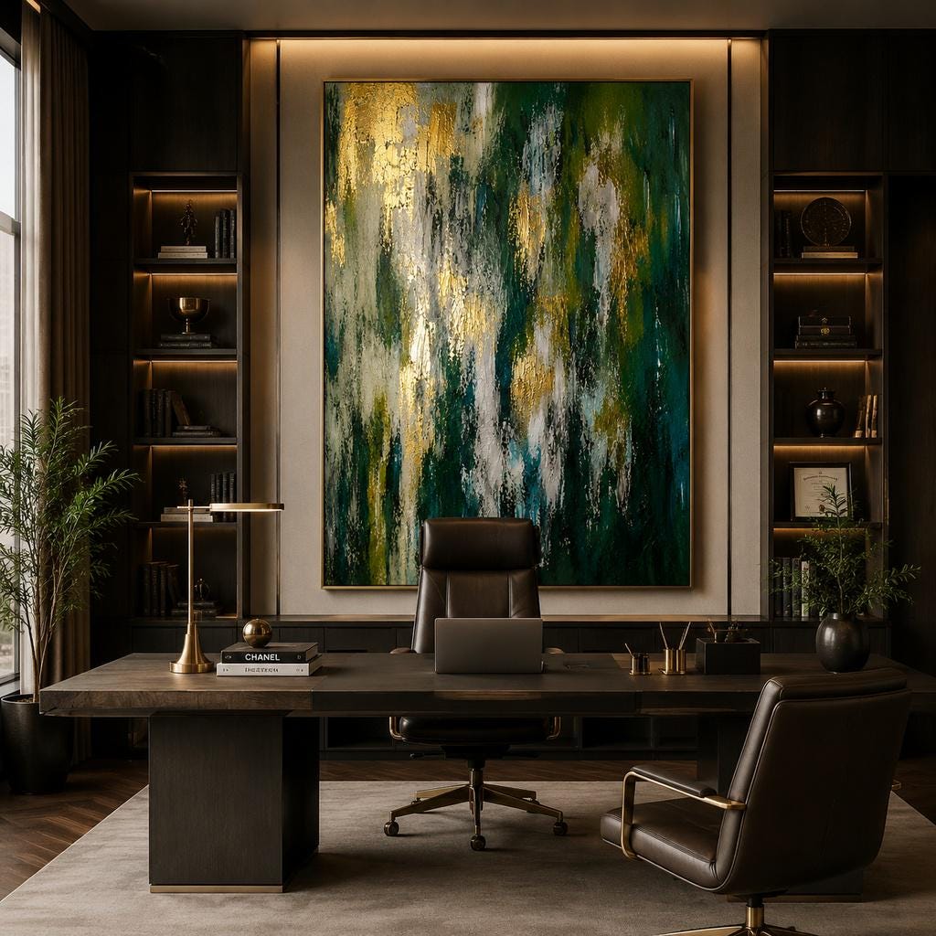 Emerald Green Textured Abstract Canvas Art, Gold Leaf Hand Painted Wall Decor
