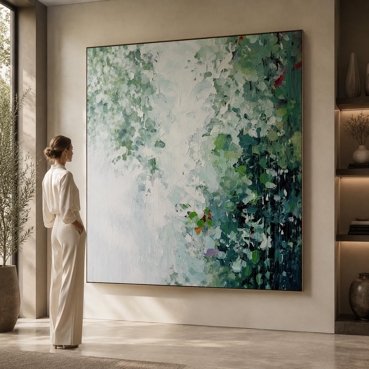 Textured Emerald Green Abstract Botanical Canvas Wall Art Mint Living Room
