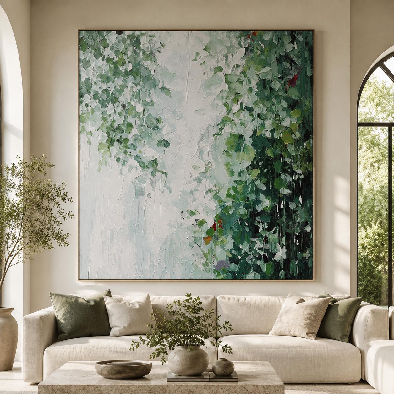 Textured Emerald Green Abstract Botanical Canvas Wall Art Mint Living Room