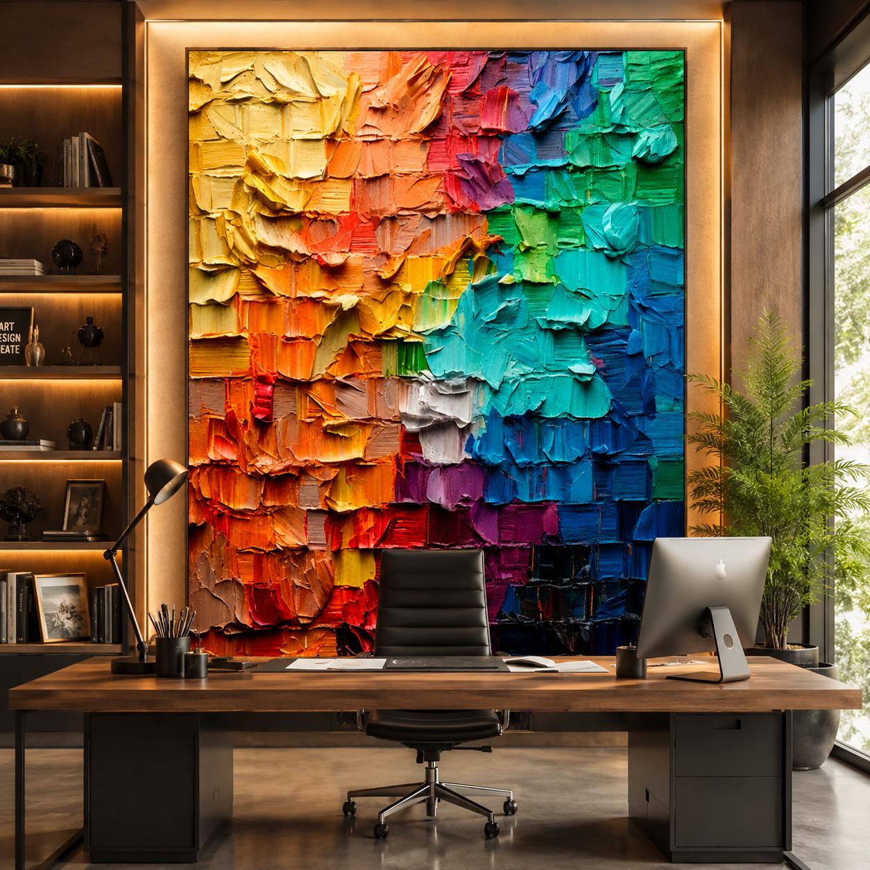 Textured Abstract Painting, Rainbow Palette Knife Art, Impasto Canvas Wall Decor