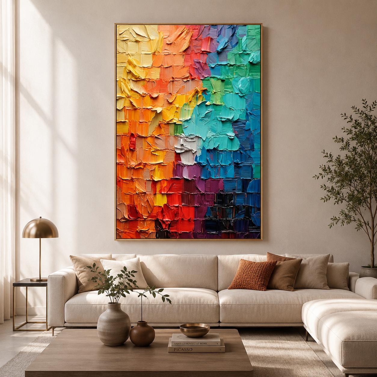 Textured Abstract Painting, Rainbow Palette Knife Art, Impasto Canvas Wall Decor