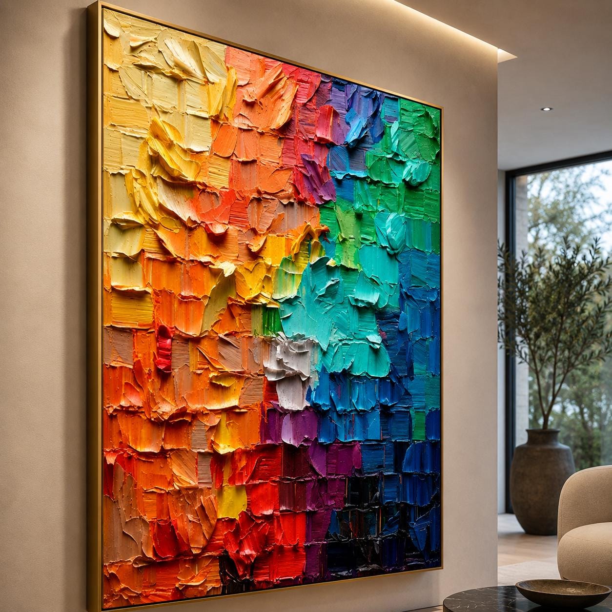 Textured Abstract Painting, Rainbow Palette Knife Art, Impasto Canvas Wall Decor