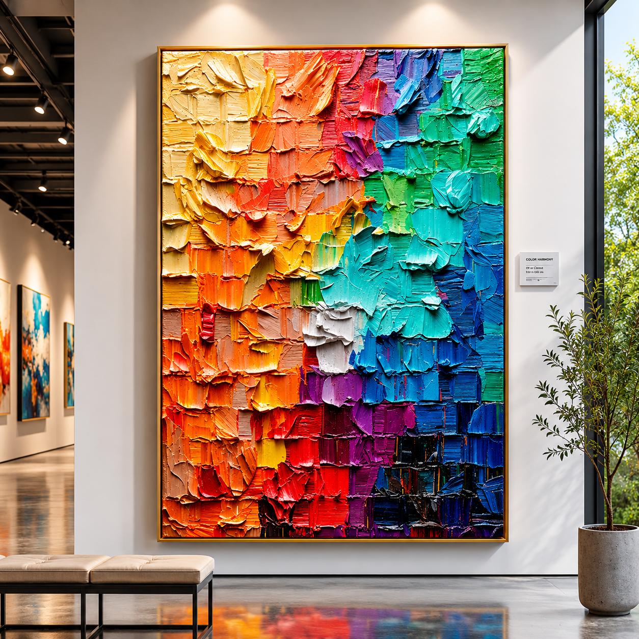 Textured Abstract Painting, Rainbow Palette Knife Art, Impasto Canvas Wall Decor