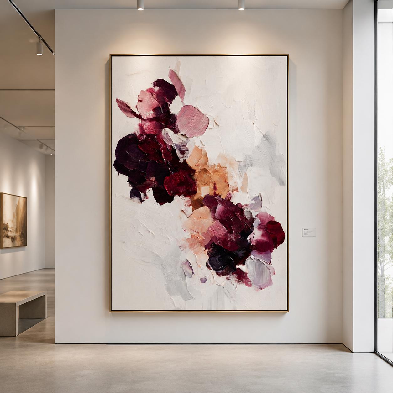 Textured Burgundy Floral Abstract Painting, Impasto Palette Knife Canvas Art