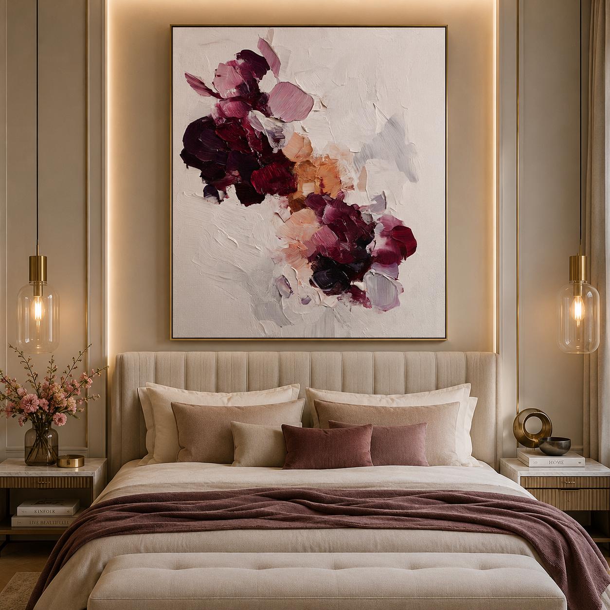 Textured Burgundy Floral Abstract Painting, Impasto Palette Knife Canvas Art