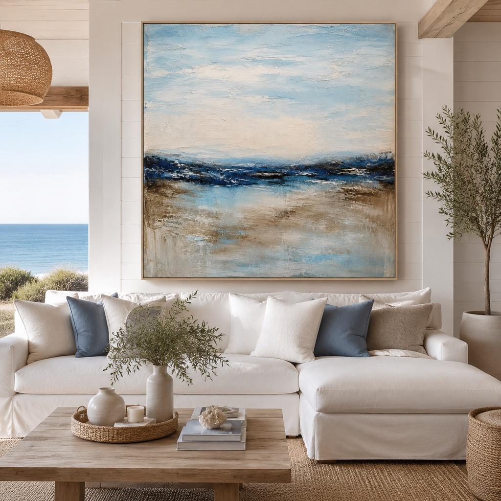 Textured Blue Ocean Abstract Painting, Large Acrylic Impasto Canvas Art, Modern Coastal Living Room Decor