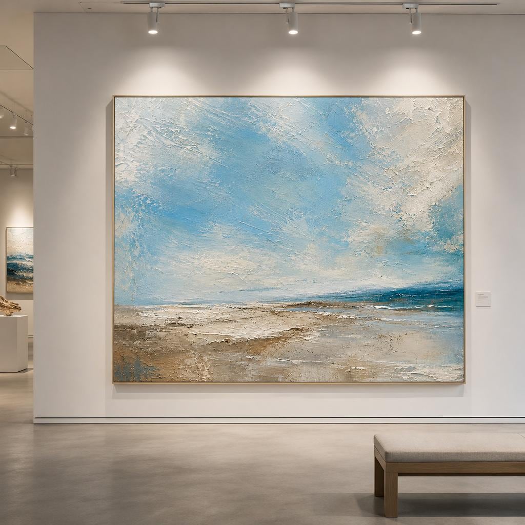 Coastal Textured Wall Art, Soft Blue & Sand Impasto Canvas, Beach House Japandi Living Room Decor