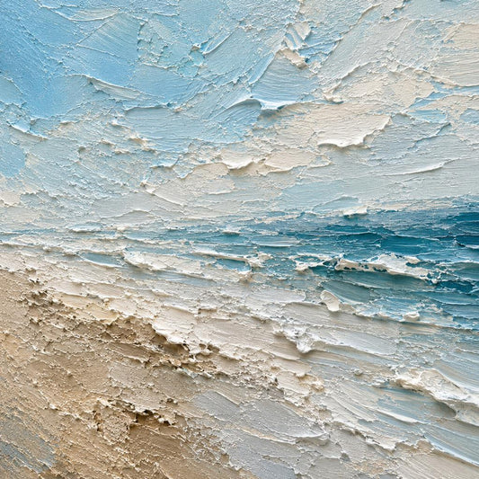 Coastal Textured Wall Art, Soft Blue & Sand Impasto Canvas, Beach House Japandi Living Room Decor