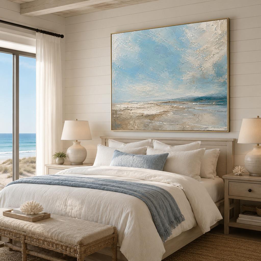 Coastal Textured Wall Art, Soft Blue & Sand Impasto Canvas, Beach House Japandi Living Room Decor