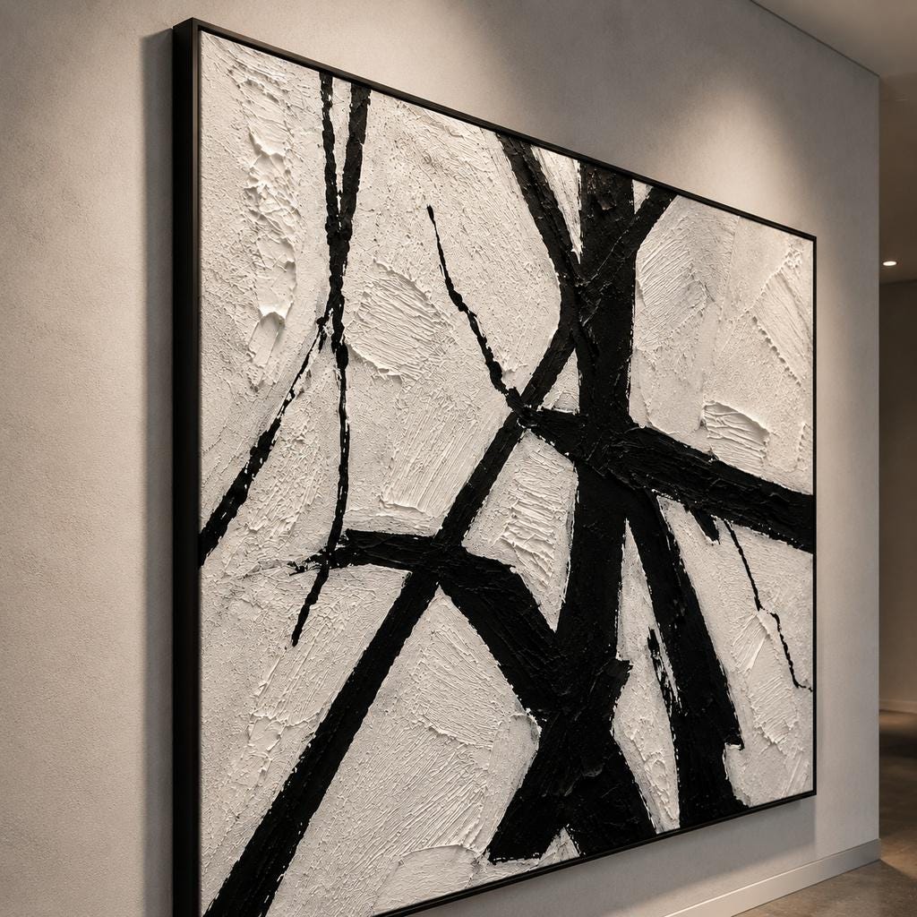 Textured Black White Abstract Canvas Art, Impasto Palette Knife Painting, Modern Monochrome Living Room Decor