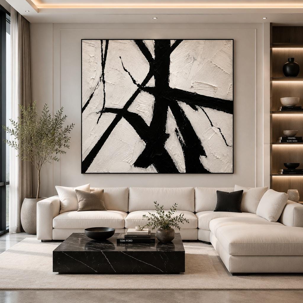 Textured Black White Abstract Canvas Art, Impasto Palette Knife Painting, Modern Monochrome Living Room Decor