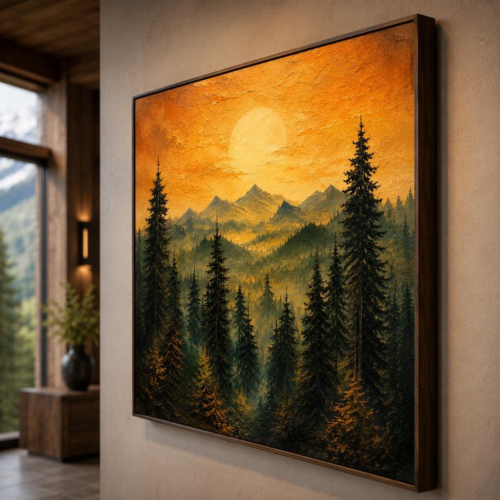 Textured Mountain Forest Sunset Painting, Palette Knife Impasto Pine Ridge Art