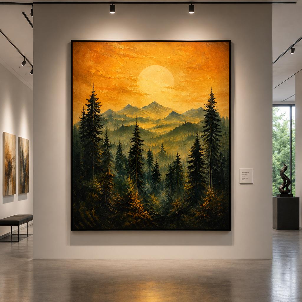 Textured Mountain Forest Sunset Painting, Palette Knife Impasto Pine Ridge Art