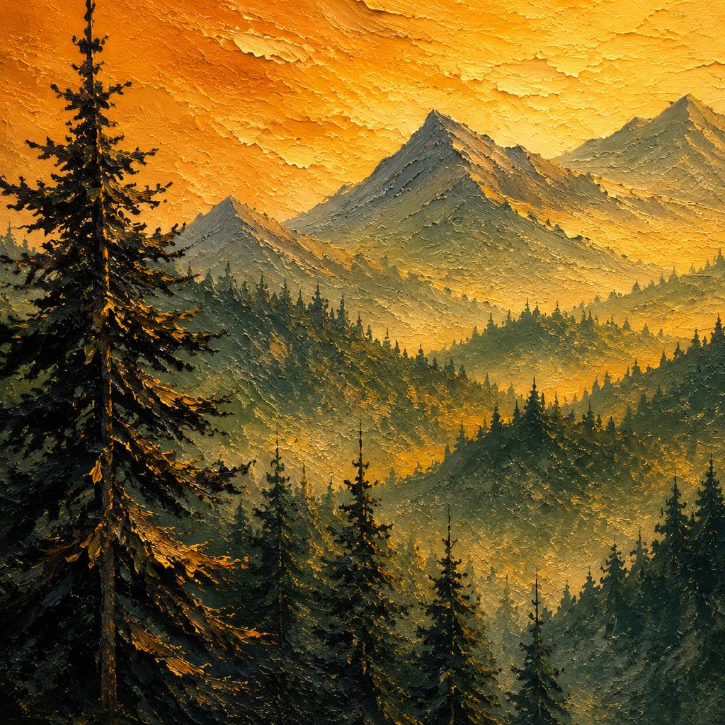 Textured Mountain Forest Sunset Painting, Palette Knife Impasto Pine Ridge Art