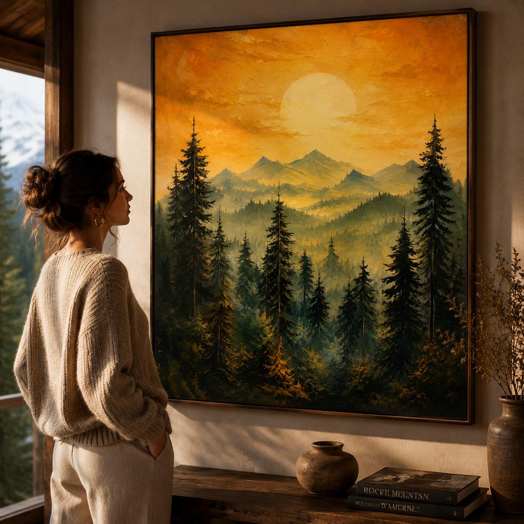 Textured Mountain Forest Sunset Painting, Palette Knife Impasto Pine Ridge Art
