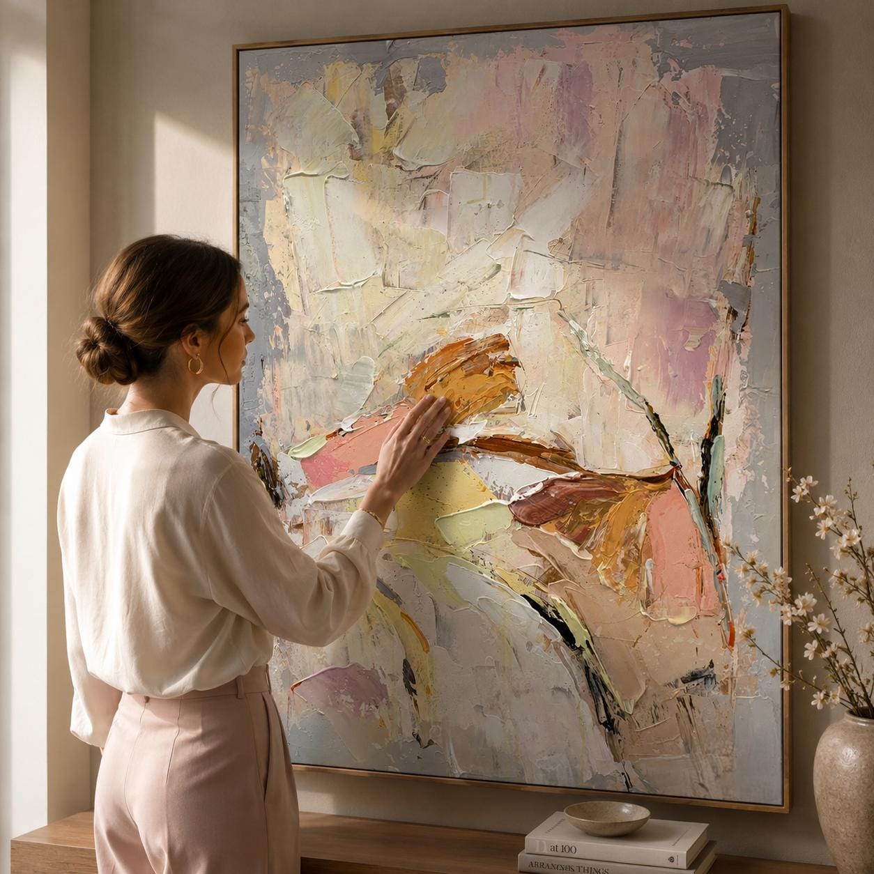 Textured Abstract Canvas Art, Soft Neutral Impasto Palette Knife Painting