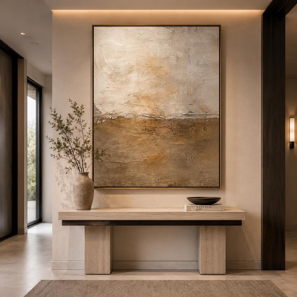 Textured Abstract Landscape Painting, Beige Earth Tone Canvas Art, Minimalist Wall Decor