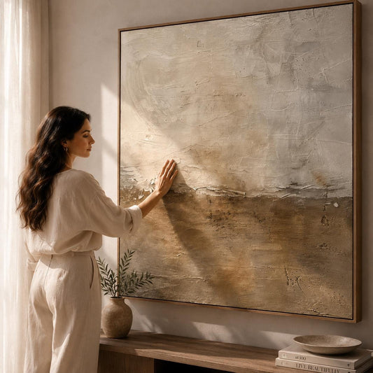 Textured Abstract Landscape Painting, Beige Earth Tone Canvas Art, Minimalist Wall Decor