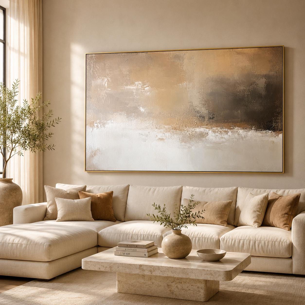 Neutral Textured Abstract Landscape Painting, Beige Earth Tone Canvas Art