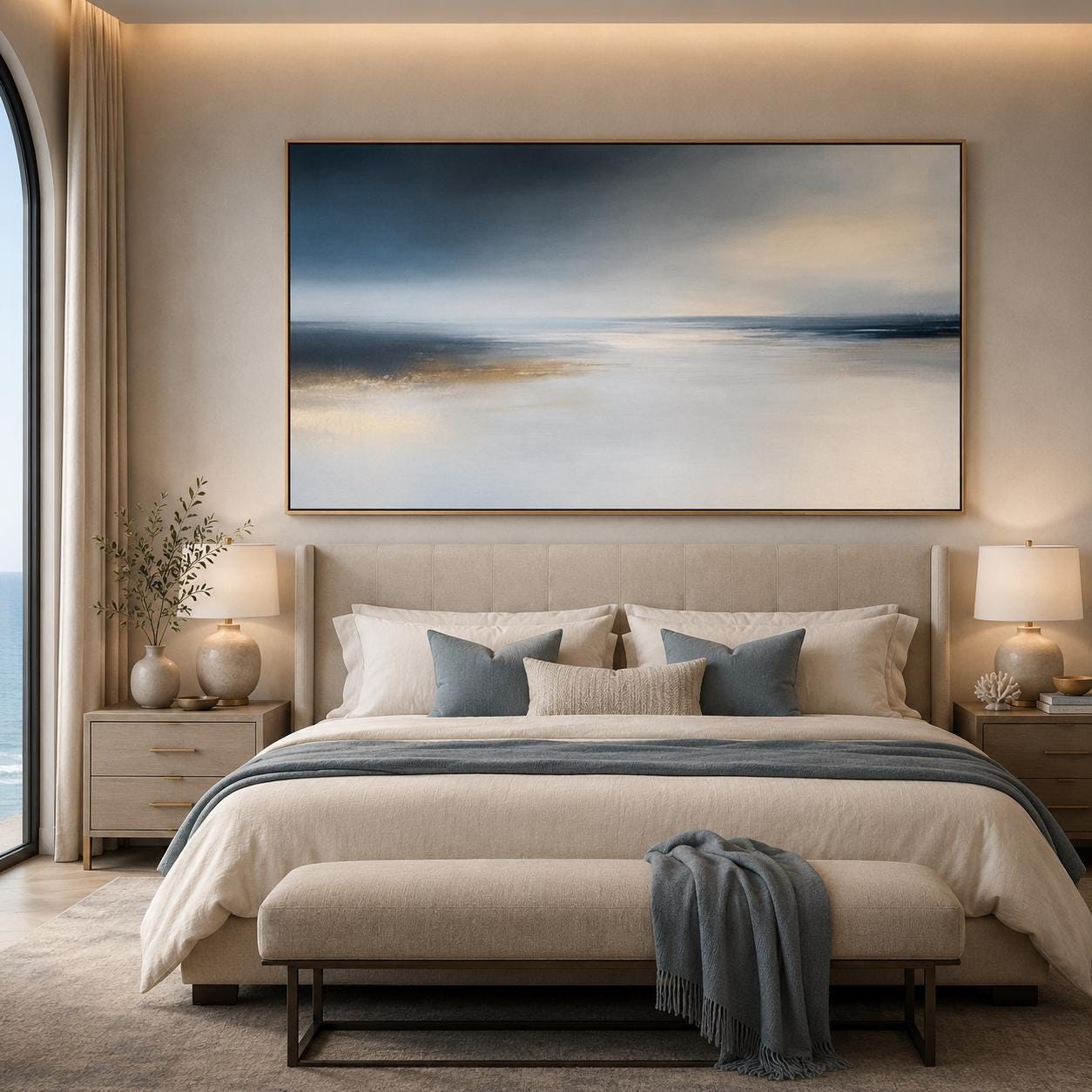 Abstract Coastal Landscape Painting, Textured Ocean Seascape, Gold Foil Accents