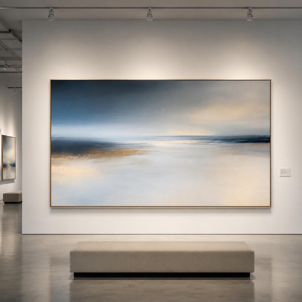 Abstract Coastal Landscape Painting, Textured Ocean Seascape, Gold Foil Accents