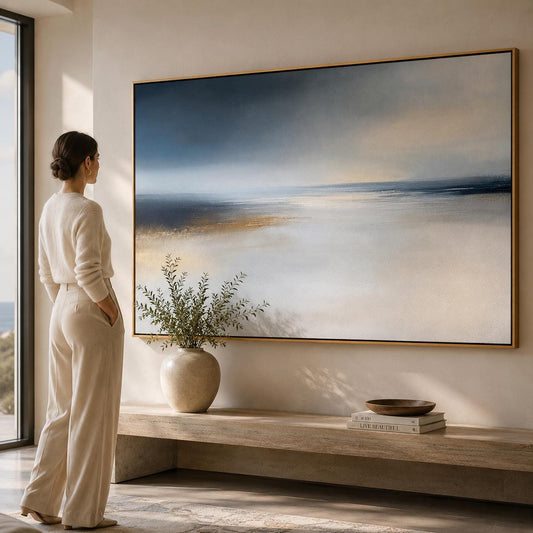 Abstract Coastal Landscape Painting, Textured Ocean Seascape, Gold Foil Accents