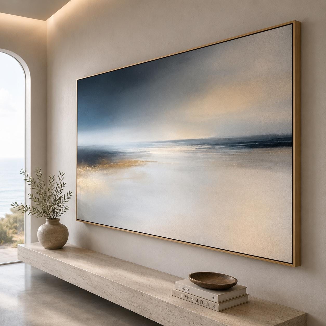 Abstract Coastal Landscape Painting, Textured Ocean Seascape, Gold Foil Accents