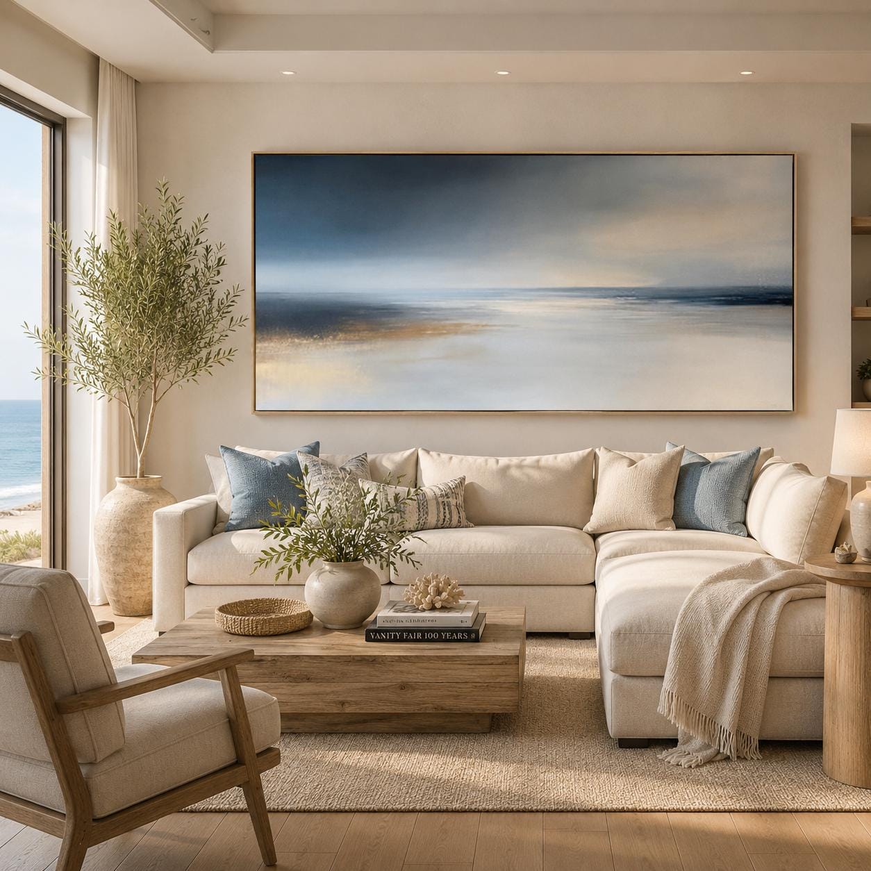 Abstract Coastal Landscape Painting, Textured Ocean Seascape, Gold Foil Accents