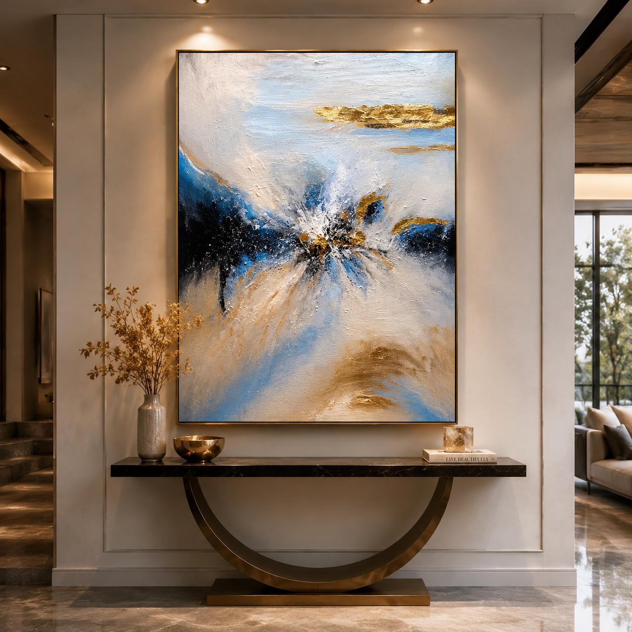 Textured Blue Gold Abstract Painting, Contemporary Impasto Canvas Art