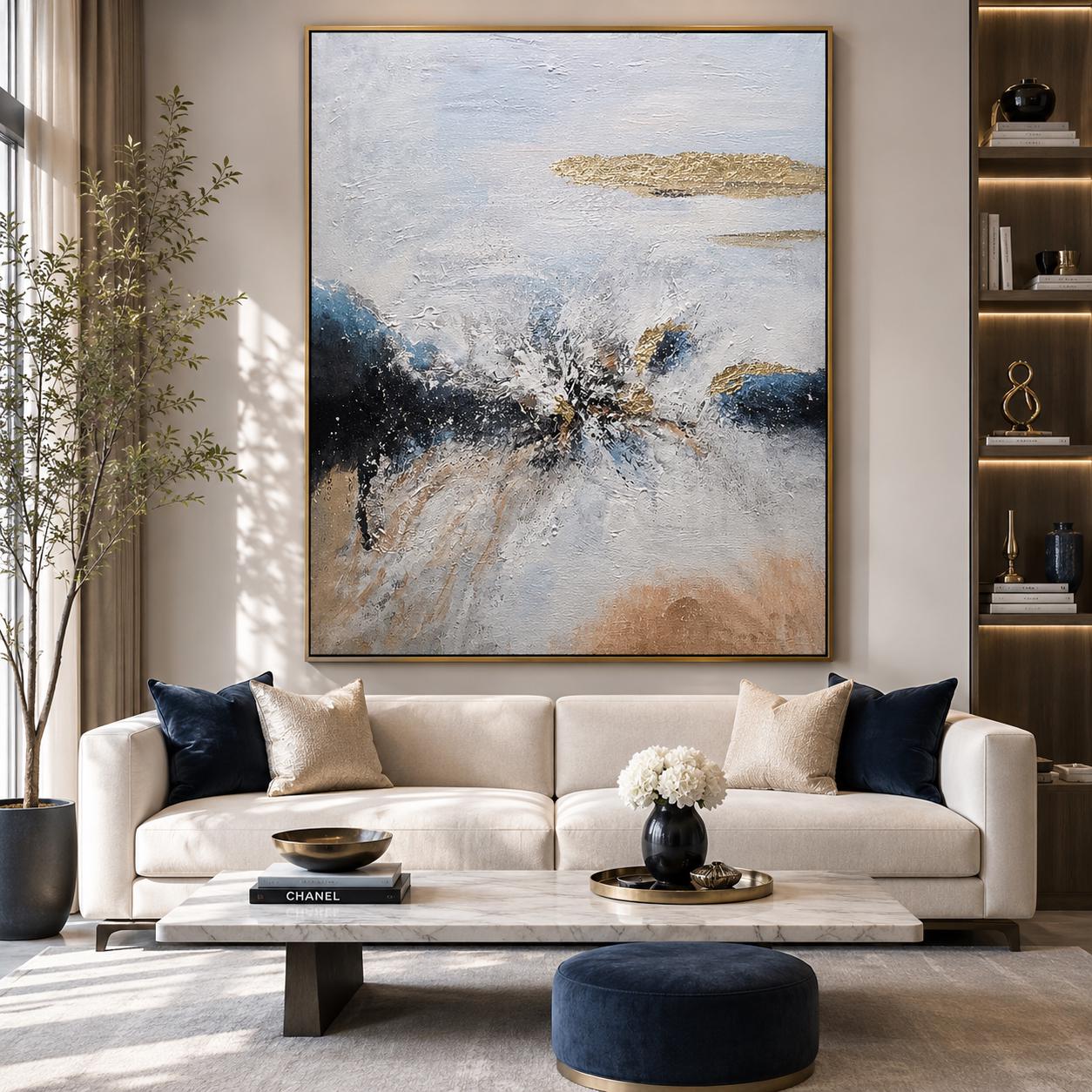 Textured Blue Gold Abstract Painting, Contemporary Impasto Canvas Art