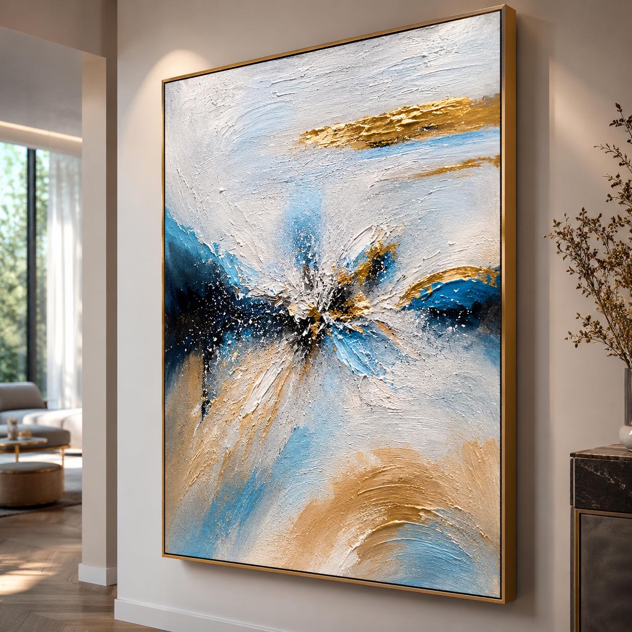 Textured Blue Gold Abstract Painting, Contemporary Impasto Canvas Art